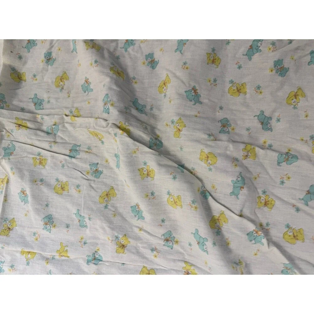 Vintage Cotton Crib Fitted Sheet Yellow & Teal Puppies Bears w/ Bows Flowers